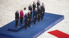 epa11654232 Heads of state of Arraiolos Group (L-R back row): Hungarian President Tamas Sulyok, Slovenian President Natasa Pirc Musar, Greek President Katerina Sakellaropoulou, Estonian President Alar Karis, Latvian President Edgars Rinkevics and Slovak President Peter Pellegrini, (L-R front row): German president Frank-Walter Steinmeier, Italian President Sergio Mattarella, Polish President Andrzej Duda, Bulgarian President Rumen Radev, Croatian President Zoran Milanovic pose for a family photo during an official welcome ceremony of the Arraiolos Group meeting at the Wawel Royal Castle in Krakow, southern Poland, 11 October 2024. The Arraiolos Group is an informal meeting of Presidents of parliamentary and semi-presidential European Union member states, held roughly once in a year. EPA/LUKASZ GAGULSKI POLAND OUT