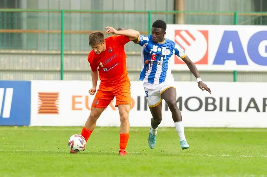 Sport Calcio Palazzolo Serie D Pro Palazzolo - Ospitaletto nella foto bane abdoul hate del Palazzolo e gobbi francesco del Opitaletto 13/10/2024 mazzocchi@newreporter