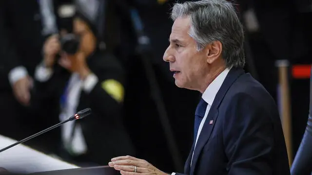 epa11653687 US Secretary of State Antony Blinken speaks during the 12th ASEAN-US Summit as part of the 44th and 45th ASEAN Summits and Related Summits at the National Convention Center in Vientiane, Laos, 11 October 2024. Leaders of the Association of Southeast Asian Nations (ASEAN) convene at a summit hosted by Laos in the capital of Vientiane to strengthen diplomatic ties and discuss the ongoing civil unrest in Myanmar and tension in the South China Sea. EPA/RUNGROJ YONGRIT