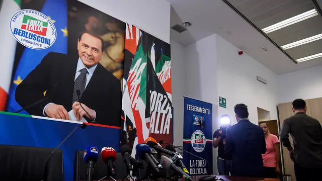 L’immagine di Silvio Berlusconi durante la conferenza stampa nella sede di Forza Italia a Roma, 16 giugno 2023. ANSA/RICCARDO ANTIMIANI