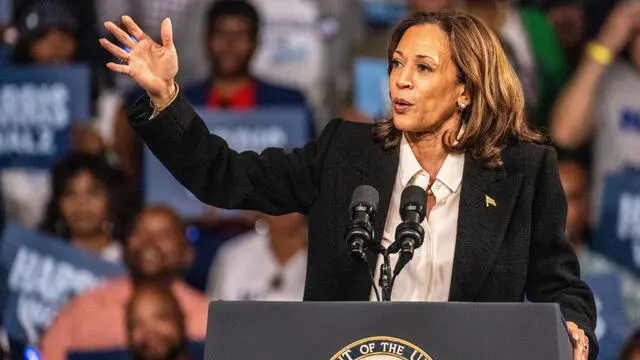 epa11657744 US Vice President and current Democratic presidential candidate Kamala Harris speaks during a campaign rally at Williams Arena in Greenville, North Carolina, USA, 13 October, 2024. Harris is in a tight race for the US presidency against Republican nominee and former President Donald Trump. EPA/STAN GILLILAND