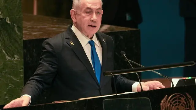 epa11628846 Prime Minister of Israel Benjamin Netanyahu addresses the General Debate of the 79th session of the United Nations General Assembly at United Nations Headquarters in New York, New York, USA, 27 September 2024. The annual high-level General Debate gathers world leaders from 24 to 28 September, and 30 September under the theme, 'Leaving no one behind: acting together for the advancement of peace, sustainable development and human dignity for present and future generations'. EPA/STEPHANI SPINDEL