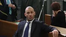 Riccardo Bossi, figlio di Umberto, all'interno del tribunale di Milano per il processo con rito abbreviato nel quale il figlio del Senatur, imputato per appropriazione indebita perchè avrebbe fatto spese personali con i fondi del partito, verrà interrogato, Milano, 14 dicembre 2015. ANSA/STEFANO PORTA