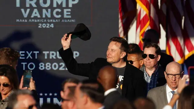 epa11644481 Businessperson Elon Musk at the Butler Farm Show where former US President and Republican presidential nominee Donald Trump is due to speak at a rally in Butler, Pennsylvania, USA, 05 October 2024. The rally is taking place at the same location where a gunman attempted to assassinate former president Trump in July. EPA/WILL OLIVER