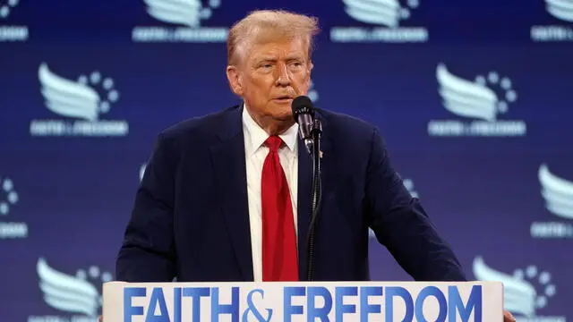 epa11431310 Former US President Donald Trump speaks at the Faith & Freedom Coalition's 2024 Road to Majority Conference, Washington DC, USA, 22 June 2024. Trump is also due to speak in Philadelphia, Pennsylvania at a rally later today. EPA/WILL OLIVER