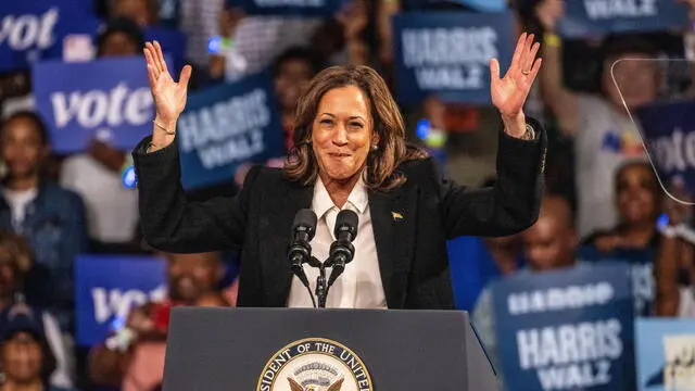 epa11657741 US Vice President and current Democratic presidential candidate Kamala Harris speaks during a campaign rally at Williams Arena in Greenville, North Carolina, USA, 13 October, 2024. Harris is in a tight race for the US presidency against Republican nominee and former President Donald Trump. EPA/STAN GILLILAND