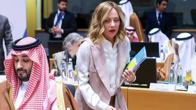 epa11662535 Saudi Arabia Crown Prince and Prime Minister Mohammed bin Salman bin Abdulaziz Al Saud (L) and Italian Prime Minister Giorgia Meloni (R) attend a round table during the EU-Gulf Cooperation Council (GCC) summit in Brussels, Belgium, 16 October 2024. This is the first summit between the EU leaders and the GCC, aiming to develop a closer partnership. The European Union is the second-largest trade partner for the GCC countries, generating â‚¬170 billion in trade in 2023, imports of mineral fuels accounted for over 75% of EU imports from GCC countries. Since 2020, fuel imports have more than tripled mainly due to the armed conflict between Russia and Ukraine. EPA/OLIVIER HOSLET