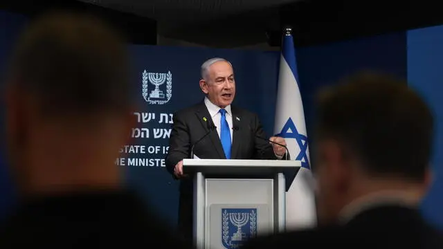 epa11584950 Israeli Prime Minister Benjamin Netanyahu during a press conference for the international media at the Government Press office in Jerusalem, 04 September 2024. The Israeli Prime Minister said that in order prevent Hamas from rearming , Israel 'must have control' over Philadelphi Corridor, a narrow strip of land along the border between the Gaza Strip and Egypt. EPA/ABIR SULTAN EPA POOL