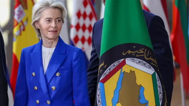 epaselect epa11662719 European Commission President Ursula von der Leyen looks on during the EU-Gulf Cooperation Council (GCC) summit in Brussels, Belgium, 16 October 2024. This is the first summit between the EU leaders and the GCC, aiming to develop a closer partnership. The European Union is the second-largest trade partner for the GCC countries, generating €170 billion in trade in 2023, imports of mineral fuels accounted for over 75% of EU imports from GCC countries. Since 2020, fuel imports have more than tripled mainly due to the armed conflict between Russia and Ukraine. EPA/CHRISTOPHER NEUNDORF