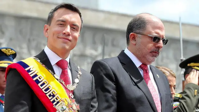 epa11367287 Ecuadorian President Daniel Noboa (L), accompanied by the National Assembly President Henry Kronfle (R), leaves after presenting his first report to the nation, in Quito, Ecuador, 24 May 2024. In his speech before the National Assembly, after having served six months in office, Noboa admitted that his government had to make 'hard and profound decisions that no one had risked taking before but that were necessary to guide the country towards a new Ecuador.' EPA/JOSE JACOME