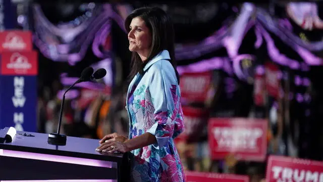 epa11482699 Nikki Haley, former presidential candidate, South Carolina Governor and U.N. Ambassador, delivers remarks during the second day of the Republican National Convention (RNC) at Fiserv Forum in Milwaukee, Wisconsin, USA, 16 July 2024. The convention comes days after a 20-year-old Pennsylvania man attempted to assassinate former President and current Republican presidential nominee Donald Trump. The 2024 Republican National Convention is being held 15 to 18 July 2024 in which delegates of the United States’ Republican Party select the party's nominees for president and vice president in the 2024 United States presidential election. EPA/SHAWN THEW