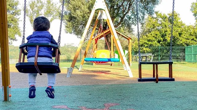 Un bambino gioca da solo sull'altalena di un parco a Roma 26 ottobre 2023. ANSA/ALESSANDRO DI MEO (figlio unico, figli unici, solitudine, bambino, bambini, famiglia, giochi, gioco, assegno unico, natalita' )