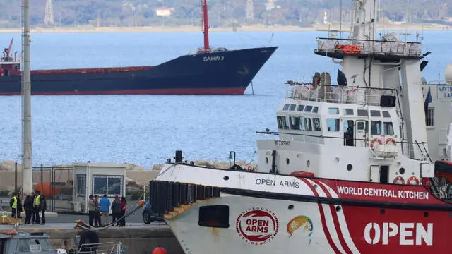 epa11211303 A view shows the boat of NGOs Open Arms and World Central Kitchen (WCK), which is scheduled to depart towrad Gaza with aid, docked at Larnaca harbour, Cyprus, 10 March 2024. According to NGO Open Arms, the NGO together with WCK, another NGO involved with aid inside Gaza, it is working in a joint mission to establish a humanitarian matritime corridor from Larnaca to Gaza. WCK said that the first aid shipment is a UAE aid one, it is due to depart from Larnaca on 11 March. EU President Ursula von der Leyen announced on 08 march during a visit to Cyprus that she expected a maritime aid corridor to start operating between Cyprus and Gaza this weekend, "taking desperately-needed aid to besieged Palestinians'. EPA/