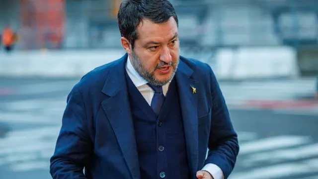 epa11663840 The Federal Secretary of Italy's Lega Nord party, Matteo Salvini, arrives at a meeting of Patriots for Europe in Brussels, Belgium, 17 October 2024. Patriots for Europe is the third largest group in the European Parliament. EPA/OLIVIER MATTHYS