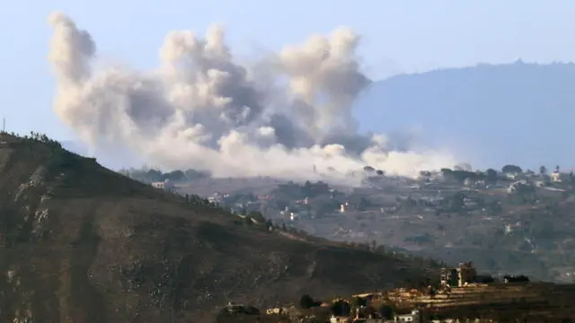 epa11668350 Smoke rises following Israeli airstrikes on the southern Lebanese town of Markaba, along the Lebanese-Israeli border, taken from Maarjaayoun, Lebanon, 19 October 2024. The Lebanese Ministry of Health stated that more than 2,400 people have been killed and over 11,000 have been injured in Lebanon since the start of hostilities. EPA/STRINGER