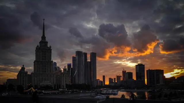 epa10818443 Hotel Radisson Collection former hotel Ukraine (L) and Moscow City business center (C) during sunset in Moscow, Russia, 24 August 2023. Moscow was attacked by three drones on 23 August 2023. The Russian Defence Ministry reported that the air defense forces stopped an attempt by Ukraine to carry out an attack by three unmanned aerial vehicles in Moscow. ‘Two of the drones were destroyed by air defense in the air over the territory of Mozhaisk and Khimki districts of the Moscow region. The third UAV was suppressed by electronic warfare and, having lost control, collided with the building of the Moscow City business center,’ the Russian Defence Ministry said. EPA/YURI KOCHETKOV