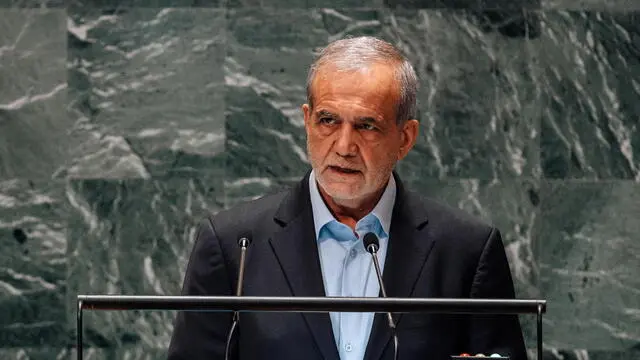 epa11623022 Iranian President Masoud Pezeshkian speaks during the General Debate of the 79th session of the United Nations General Assembly at United Nations Headquarters in New York, New York, USA, 24 September 2024. The annual high-level General Debate gathers world leaders from 24 to 28 September, and 30 September under the theme, 'Leaving no one behind: acting together for the advancement of peace, sustainable development and human dignity for present and future generations'. EPA/OLGA FEDOROVA