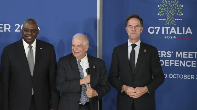 epa11668384 (L-R) US Secretary of Defense Lloyd J. Austin, EU High Representative for Foreign Affairs and Security Policy Josep Borrell and NATO Secretary General Mark Rutte pose for a photo at the G7 Ministers' Meeting on defence in Naples, Italy, 19 October 2024. EPA/CIRO FUSCO