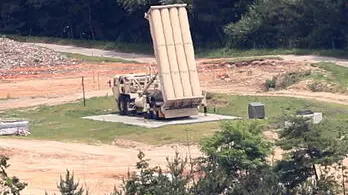 epa10705080 A launch vehicle of the Terminal High Altitude Area Defense (THAAD) system is seen at a U.S. military base in Seongju, 214 kilometers south of Seoul, South Korea, 22 June 2023, one day after South Korea said it completed an environmental impact assessment of the missile defense unit, clearing the way for its full-fledged deployment. EPA/YONHAP SOUTH KOREA OUT