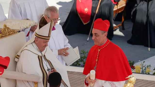 New Cardinal Victor Manuel Fernandez, receives his biretta as he is appointed cardinal by Pope Francis during a consistory ceremony in Saint Peter's Square, Vatican City, 30 September 2023. ANSA/GIUSEPPE LAMI. The pontiff creates 21 new cardinals