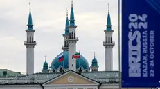 epa11674393 A BRICS 2024 Summit banner seen in downtown of Kazan, Russia, 22 October 2024. The BRICS summit takes place from 22 to 24 October and is expected to be the largest foreign policy event ever held in Russia. EPA/MAXIM SHIPENKOV