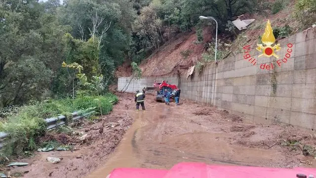 Vigili del fuoco al lavoro per la situazione del maltempo nel catanzarese, 21 ottobre 2024. La SS 280 direzione Lamezia Terme è interrotta così come una complanare dell'arteria per smottamenti e alberi caduti. Isolato il comune di Maida per l'esondazione di un torrente. ANSA/ VIGILI DEL FUOCO +++ ANSA PROVIDES ACCESS TO THIS HANDOUT PHOTO TO BE USED SOLELY TO ILLUSTRATE NEWS REPORTING OR COMMENTARY ON THE FACTS OR EVENTS DEPICTED IN THIS IMAGE; NO ARCHIVING; NO LICENSING +++ NPK +++