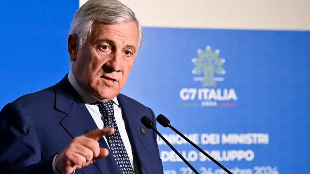 Italian Minister of Foreign Affairs, Antonio Tajani, during a press conference after the first day of the G7 Development, Pescara, Italy, 22 October 2024. ANSA/RICCARDO ANTIMIANI