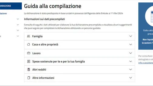 Precompilata ai nastri di partenza con il nuovo 730 semplificato. Dal pomeriggio di domani, 30 aprile 2024, saranno online in consultazione i modelli già predisposti con i dati in possesso dell'Agenzia delle Entrate oppure inviati da datori di lavoro, farmacie e banche. Lo ricorda la stessa Agenzia specificando che in totale le informazioni trasmesse sono circa 1,3 miliardi. Con il nuovo 730 semplificato il cittadino non dovrà più conoscere quadri, righi e codici ma sarà guidato fino all'invio della dichiarazione con una interfaccia più intuitiva e parole semplici. I dati relativi all'abitazione (rendita, contratti di locazione, interessi sul mutuo ecc.) saranno ad esempio raccolti nella nuova sezione "casa" e le informazioni su coniuge e figli nella sezione "famiglia". ANSA/ AGENZIA DELLE ENTRATE +++ ANSA PROVIDES ACCESS TO THIS HANDOUT PHOTO TO BE USED SOLELY TO ILLUSTRATE NEWS REPORTING OR COMMENTARY ON THE FACTS OR EVENTS DEPICTED IN THIS IMAGE; NO ARCHIVING; NO LICENSING +++ NPK +++