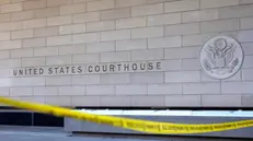 epa11070411 Federal police tape is seen in front of the federal courthouse where Hunter Biden (not pictured) is appearing on federal tax charges in Los Angeles, California, USA, 11 January 2024. President Biden's son, Hunter Biden, heads back to court on 11 January, where he is being arraigned on multiple tax charges. EPA/ALLISON DINNER