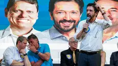 epa11675785 Sao Paulo Mayor and candidate for re-election, Ricardo Nunes (R) speaks during a campaign event in Sao Paulo, Brazil, on 22 October 2024. Brazilian far-right former president Jair Bolsonaro expressed his support for Nunes during an event aimed at uniting factions within the right-wing coalition, just five days prior to Brazil's municipal election. Nunes is set to compete against left-wing contender Guilherme Boulos, who is backed by the current president of Brazil, Luiz Inacio Lula da Silva. EPA/SEBASTIAO MOREIRA