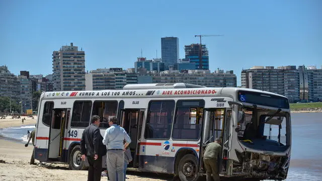 epa11685345 Officials inspect a bus that lost control and crossed the esplanade to end up on the shore of the beach in Montevideo, Uruguay, 26 October 2024. Sources from the Prosecutor's Office confirmed to EFE that, in addition, six people were slightly injured and three with minor injuries who were transferred to different health centers in the Uruguayan capital. EPA/Federico Gutierrez