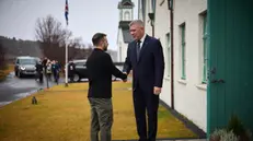 epa11689305 A handout photo made available by the Presidential Press Service shows Ukrainian President Volodymyr Zelensky (L) meeting with Iceland's Prime Minister Bjarni Benediktsson (R) in Reykjavik, Iceland, 28 October 2024. This is Ukrainian President Volodymyr Zelensky's first working visit to Iceland, where he is expected to participate in the 4th Ukraine-Northern Europe Summit and hold bilateral talks with its participants, Zelensky announced on 'X' social media platform. EPA/PRESIDENTIAL PRESS SERVICE HANDOUT HANDOUT EDITORIAL USE ONLY/NO SALES