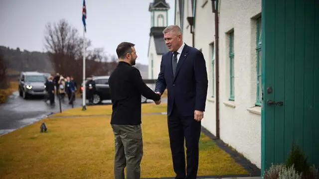 epa11689305 A handout photo made available by the Presidential Press Service shows Ukrainian President Volodymyr Zelensky (L) meeting with Iceland's Prime Minister Bjarni Benediktsson (R) in Reykjavik, Iceland, 28 October 2024. This is Ukrainian President Volodymyr Zelensky's first working visit to Iceland, where he is expected to participate in the 4th Ukraine-Northern Europe Summit and hold bilateral talks with its participants, Zelensky announced on 'X' social media platform. EPA/PRESIDENTIAL PRESS SERVICE HANDOUT HANDOUT EDITORIAL USE ONLY/NO SALES