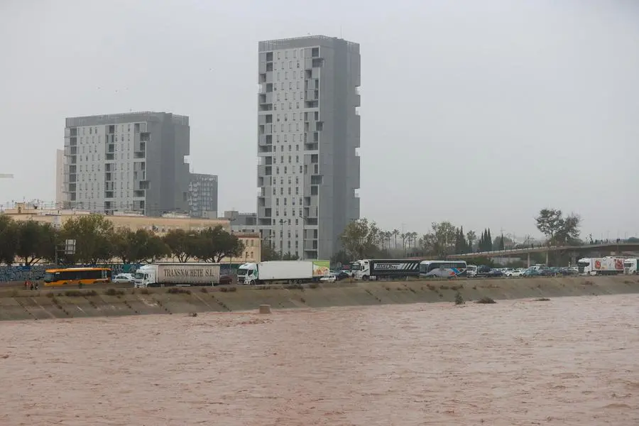 epa11691874 Traffic halted on a road near the Turia River as the road network remains blocked due to damage inflicted by significant rainfall in the city of Valencia, eastern Spain, 30 October 2024. The State Meteorological Agency (AEMET) has issued red alerts for rainfall in multiple regions of the province of Valencia, caused by the severe storm DANA.The storm has impacted multiple areas of the city, resulting in the loss of at least 13 lives due to the flooding. EPA/MANUEL BRUQUE