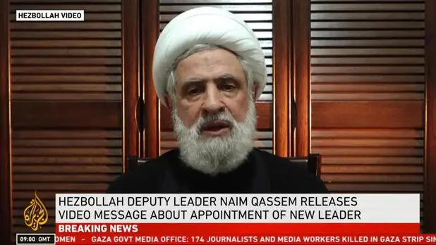 Un frame del discorso video del numero 2 di Hezbollah, Naim Qassem. +++ NPK ++++ Frame video X / Al Jazeera English (@AJEnglish) +++