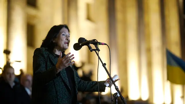 epa11689223 Georgian President Salome Zourabichvili speaks during a protest in Tbilisi, Georgia, 28 October 2024, opposing the results of the parliamentary elections held on 26 October. Nearly 20 parties competed for seats in the country's highest legislative body, which comprises 150 deputies. The ruling Georgian Dream party, in power for 12 years, won with 54.3 percent of the vote. In response, several parties announced a boycott of the parliament, and the opposition Coalition for Changes declined both parliamentary mandates and state funding. EPA/DAVID MDZINARISHVILI