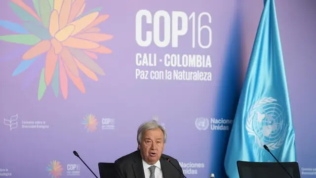 epa11692815 UN Secretary-General Antonio Guterres speaks during a press conference in Cali, Colombia, 30 October 2024, during the United Nations Conference on Biodiversity (COP16). The 16th meeting of the Conference of the Parties to the Convention on Biological Diversity (COP 16) takes place in Cali, Colombia, from 21 October to 01 November 2024. EPA/ERNESTO GUZMAN JR