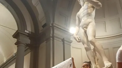 Attivisti di Firenze per la Palestina hanno manifestato, domenica 3 novembre, alla Galleria dell'Accademia di Firenze, circondando il David di Michelangelo con le bandiere ed esponendo uno striscione in lingua inglese per chiedere "la fine dell'occupazione della Palestina da parte di Israele, dell'apartheid e del genocidio". 4 novembre 2024 ANSA/Firenze per la Palestina +++ ANSA PROVIDES ACCESS TO THIS HANDOUT PHOTO TO BE USED SOLELY TO ILLUSTRATE NEWS REPORTING OR COMMENTARY ON THE FACTS OR EVENTS DEPICTED IN THIS IMAGE; NO ARCHIVING; NO LICENSING NPK