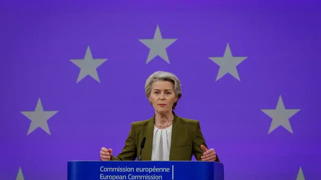 epa11692352 EU Commission President Ursula von der Leyen speaks during a press conference on the occasion of delivering report on Strengthening Europe's Civilian and Military Preparedness and Readiness by former President of Finland Sauli Niinisto (not pictured) in the European Commission in Brussels, Belgium, 30 October 2024. EPA/OLIVIER MATTHYS