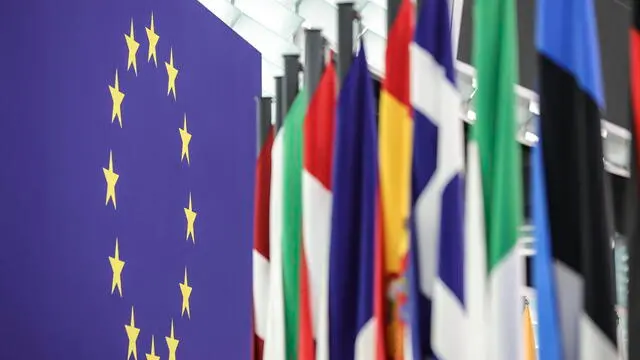 epa11611679 The EU flag stands next to the flags of the EU countries members inside of the hemicycle of the European Parliament in Strasbourg, France, 18 September 2024. The current plenary session takes place in Strasbourg from 16 to 19 September 2024. EPA/TERESA SUAREZ