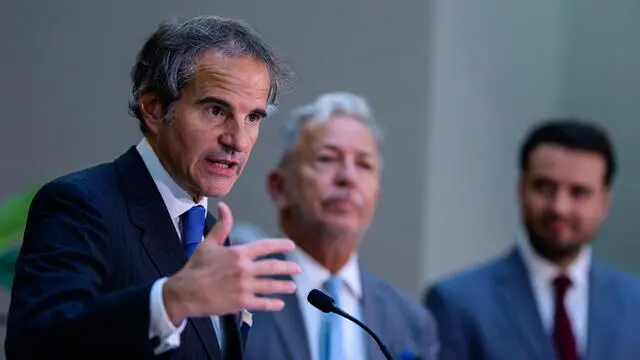 epa11325123 Director General of the International Atomic Energy Agency (IAEA) Rafael Mariano Grossi addresses the media after his arrival from Tehran, Iran, at the VIP Terminal of the Vienna International Airport in Schwechat, Austria, 07 May 2024. EPA/CHRISTIAN BRUNA