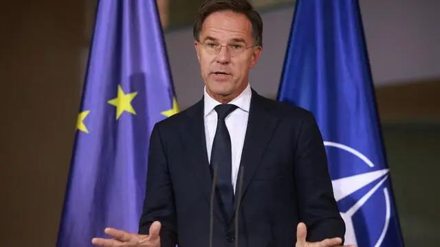 epa11701100 NATO Secretary-General Mark Rutte speaks during a press conference at the Chancellery in Berlin, Germany, 04 November 2024. German Chancellor Olaf Scholz and Dutch Prime Minister Mark Rutte met for bilateral talks. EPA/CLEMENS BILAN