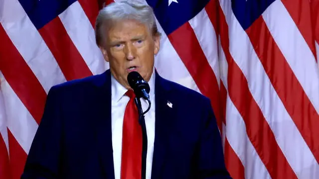 epa11704664 Republican presidential candidate Donald J. Trump addresses supporters at the Election Night watch party in the West Palm Beach Convention Center in West Palm Beach, Florida, USA, 06 November 2024. EPA/CRISTOBAL HERRERA-ULASHKEVICH