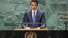 epa11622723 Qatar's Emir Sheikh Tamim bin Hamad Al Thani speaks during the General Debate of the 79th session of the United Nations General Assembly at United Nations Headquarters in New York, New York, USA, 24 September 2024. The annual high-level General Debate gathers world leaders from 24 to 28 September, and 30 September under the theme, 'Leaving no one behind: acting together for the advancement of peace, sustainable development and human dignity for present and future generations'. EPA/JUSTIN LANE