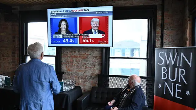 epa11704467 People attend a 2024 US election watch party hosted by the American Chamber of Commerce in Australia, at the Hawthorn Hotel, Melbourne, Australia, 06 November 2024. Americans will pick either Vice President Kamala Harris or former president Donald Trump as the US election campaign comes to a head. EPA/JAMES ROSS AUSTRALIA AND NEW ZEALAND OUT