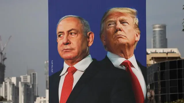 epa08933214 A view of a billboard showing US President Donald J. Trump (R) with Israeli Prime Minister Benjamin Netanyahu in Tel Aviv, Israel, 12 January 2021. Israel is expected to hold legislative elections on 23 March 2021 to elect the members of the 24th Knesset.