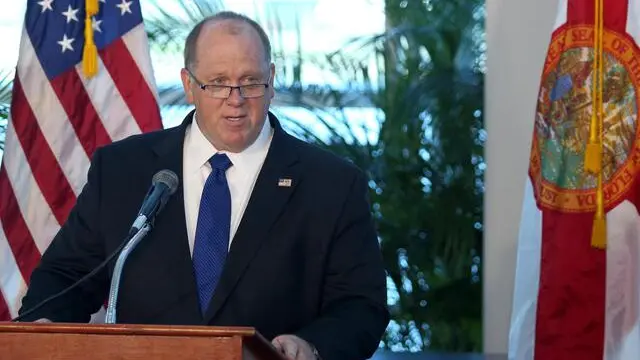 epa06147655 US Immigration and Customs Enforcement Acting Director Tom Homan speaks on crime in sanctuary cities in Miami, Florida, USA, 16 August 2017. U.S. Immigration and Customs Enforcement Acting Director Tom Homan travel to Miami-Dade, Florida, with Attorney General Jeff Sessions to give remarks highlighting jurisdictions like Miami-Dade that have increased their cooperation and information sharing with federal immigration authoritiess. EPA/CRISTOBAL HERRERA