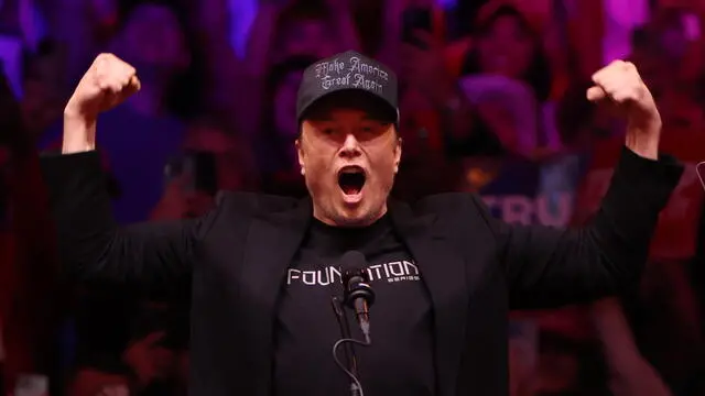 epa11688263 Elon Musk, businessman, gestures to the audience during a rally held for former US President and Republican presidential candidate Donald Trump, at Madison Square Garden in New York, New York, USA, 27 October 2024. Trump is facing US Vice President and Democratic presidential candidate Kamala Harris in the upcoming election on 05 November 2024. EPA/SARAH YENESEL