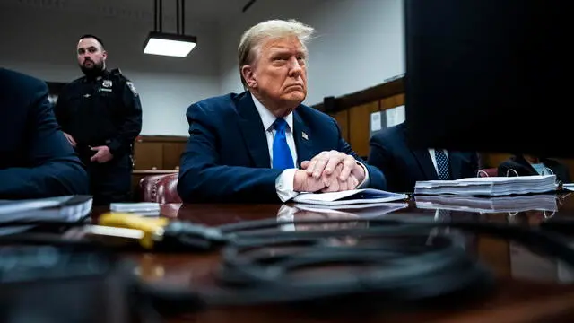 epa11286530 US former president Donald Trump arrives at Manhattan Criminal Court in New York City, USA, 18 April 2024. Trump's criminal trial resumes with Judge Juan Merchan seeking to complete jury selection. Trump is facing 34 felony counts of falsifying business records related to payments made to adult film star Stormy Daniels during his 2016 presidential campaign. EPA/JABIN BOTSFORD / POOL