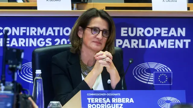 epa11716827 European Commission's Executive Vice-President-designate for Clean, Just and Competitive Transition, Teresa Ribera attends her confirmation hearing before the European Parliament committees in Brussels, Belgium, 12 November 2024. EPA/OLIVIER HOSLET